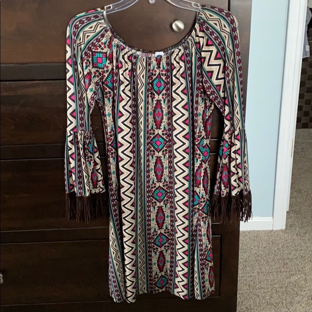 Tribal Aztec dress with frills on bell sleeves